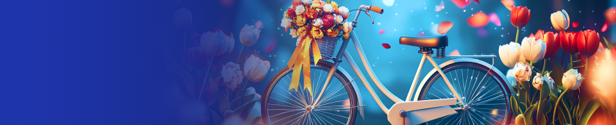 Wekelijkse promoties bij Koning met een afbeelding van een fiets met bloemen