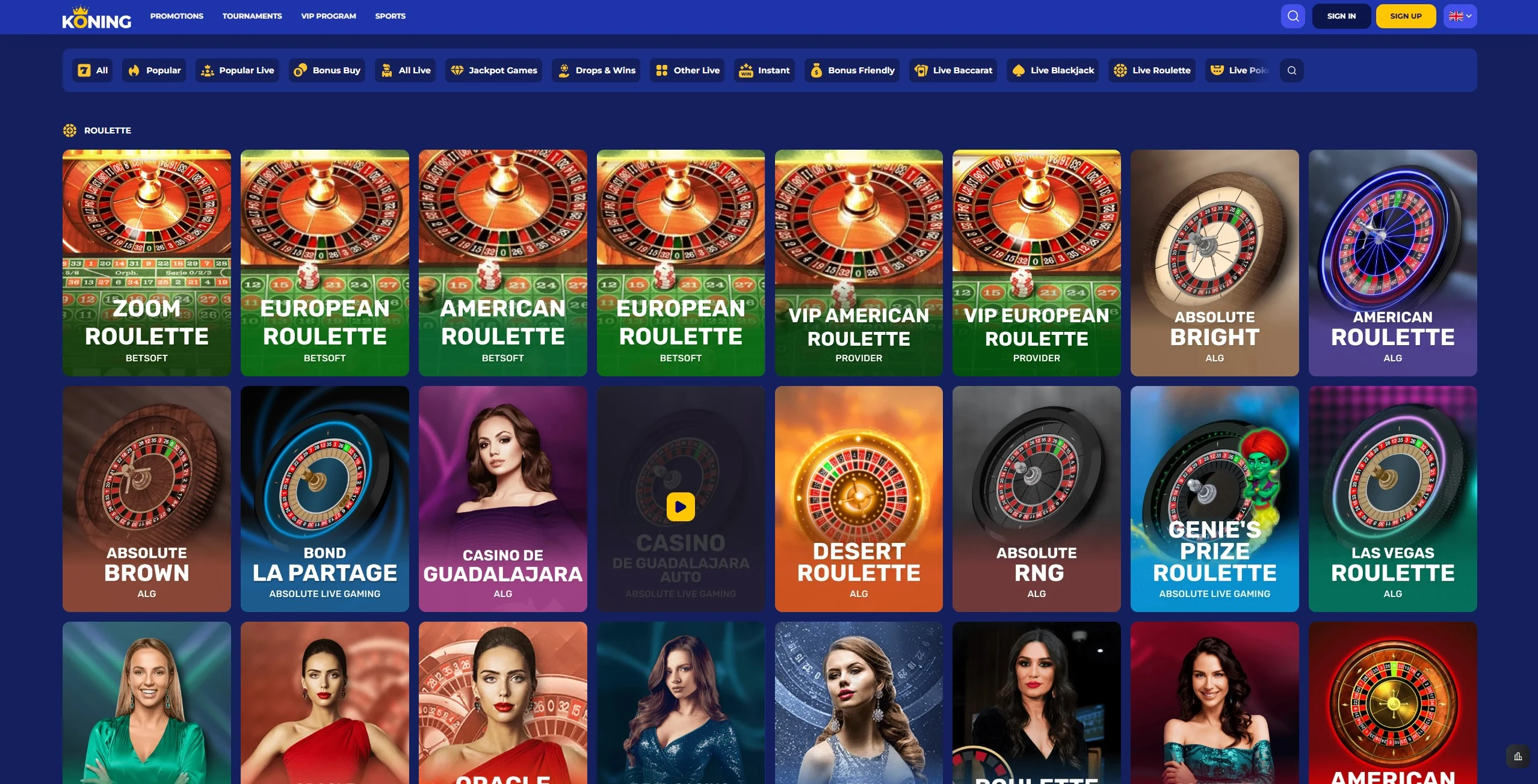Een overzicht van de spellobby van Koningbet casino met verschillende spellen